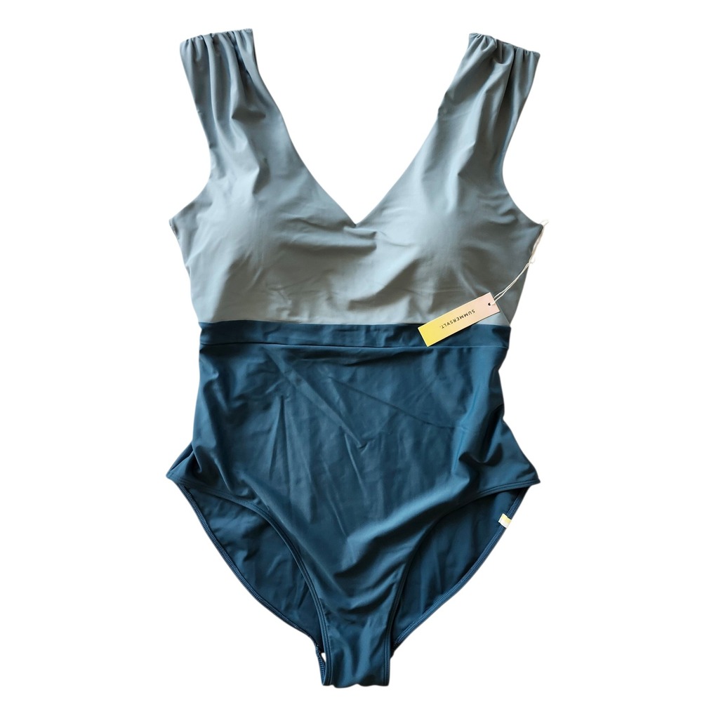 NWT Summersalt The Ruched Backflip One Piece Swimsuit Blue Colorblock Size 16